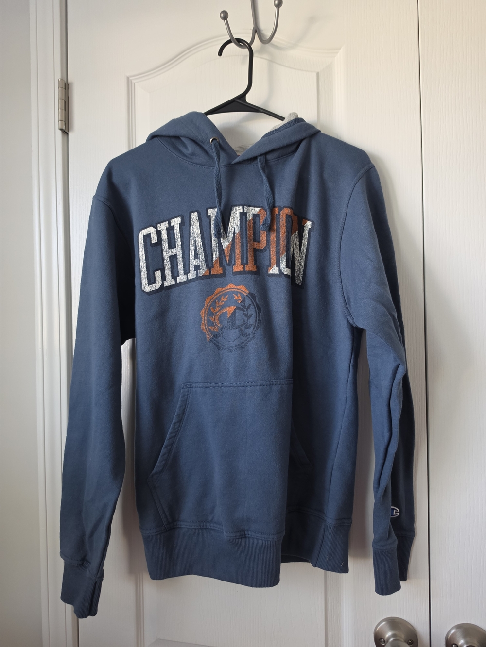 Champion Men's Slate Blue Pullover Hoodie with White & Orange Logo